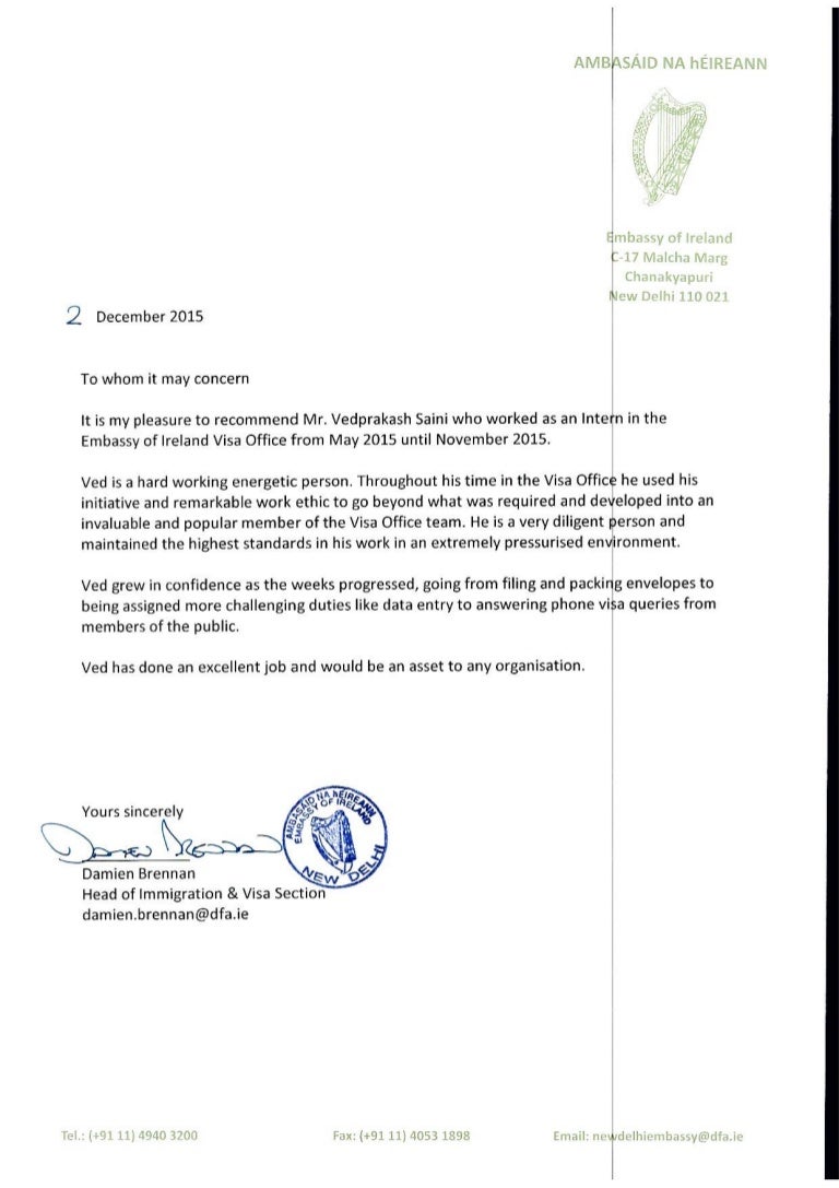 Reference letter of ved from Embassy of Ireland