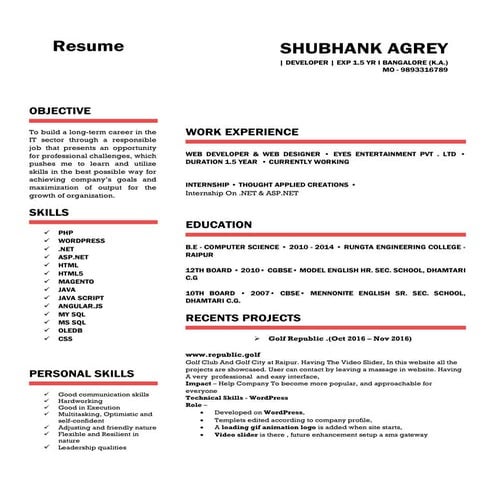 Shubhank Agrey Resume Bangalore