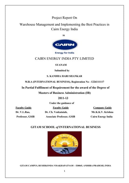 Best Practices of Inventory & Warehouse Management at CAIRN INDIA LTD