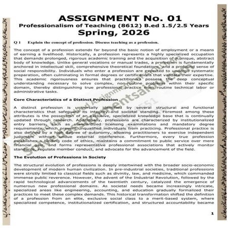 AIOU B.Ed 1.5 Years Code 8612 Professionalism of Teaching Solved ...