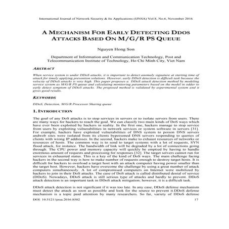 A MECHANISM FOR EARLY DETECTING DDOS ATTACKS BASED ON M/G/R PS QUEUE