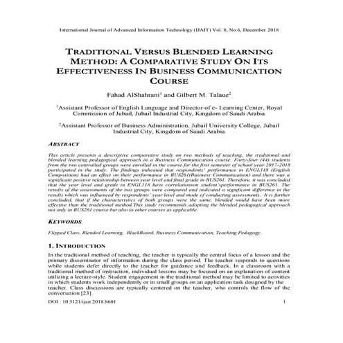 TRADITIONAL VERSUS BLENDED LEARNING METHOD: A COMPARATIVE STUDY ON ITS ...