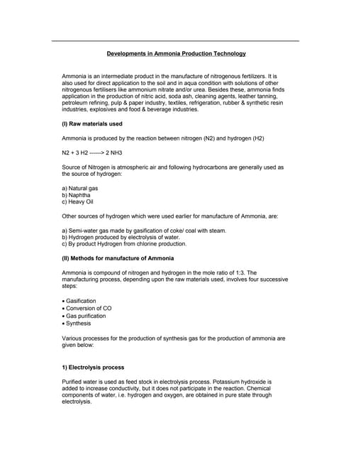 Developments in Ammonia Production Technology