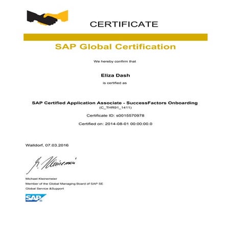 Onboarding certificate