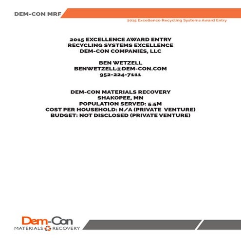 Dem Con Gold SWANA Award Recycling System Excellence 2015
