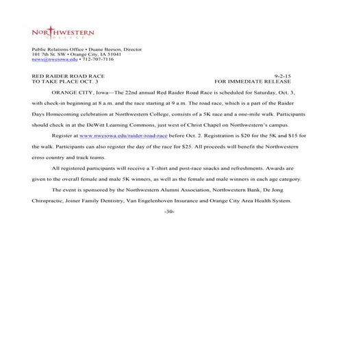 road race press release