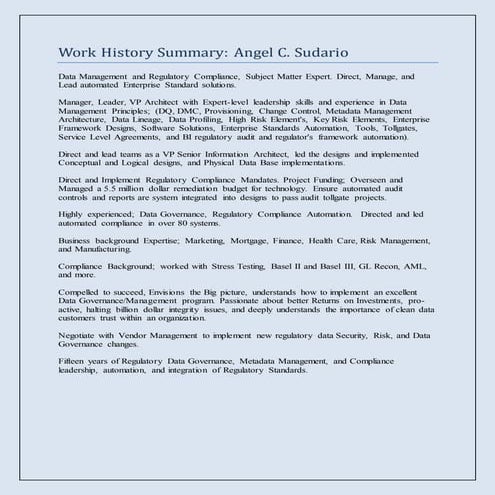 Angel Sudario Regulatory Compliance and Data Governance Work History Summary(1)