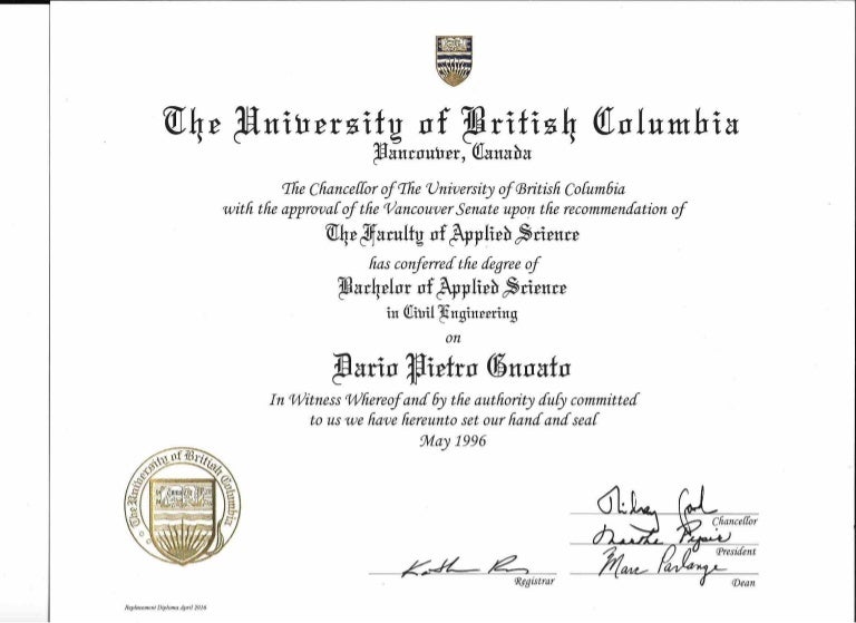 1996 UBC Bahelor of Applied Science Diploma