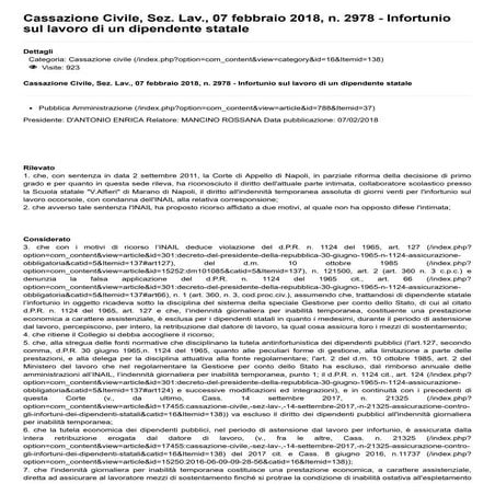 87   cassazione civile, sez. lav., 07 febbraio 2018, n. 2978 - infortunio sul...