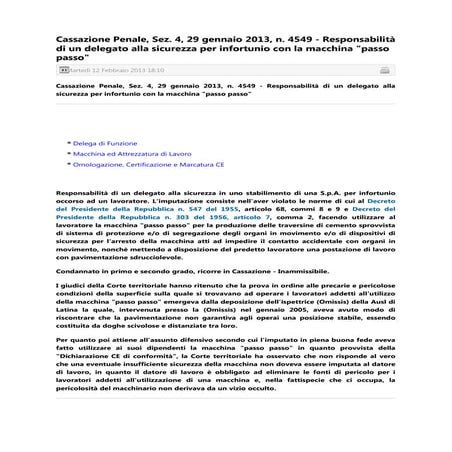 87   cassazione penale gennaio 2013 - responsabilità di un delegato alla sicu...