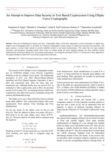 An Attempt to Improve Data Security in Text Based Cryptosystem Using Elliptic...