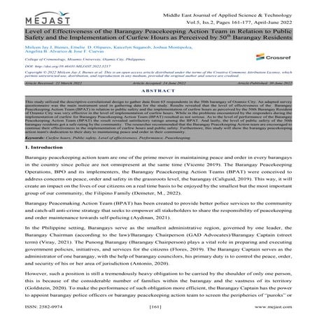Level of Effectiveness of the Barangay Peacekeeping Action Team in Relation t...