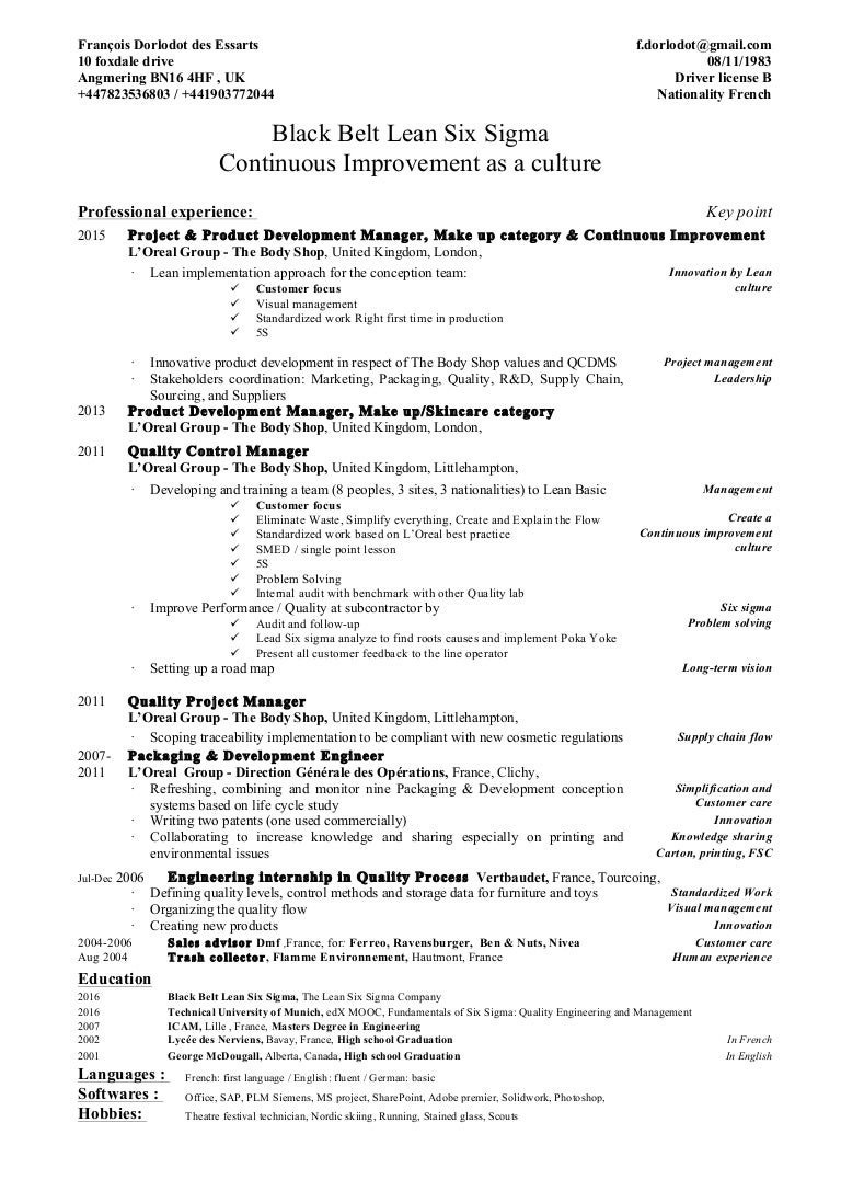 resume Black Belt Resume lean six sigma black belt resume regulatory affairs cover letter cv francois dorlodot en