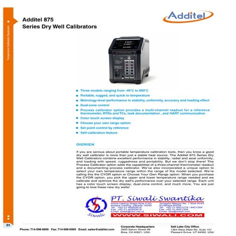 Technical Data Additel 875 Dry Well Calibrator