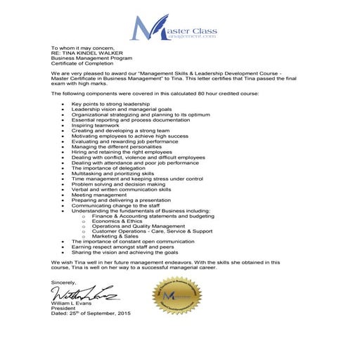 Certification Reference Letter -  TINA KINDEL WALKER