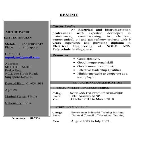 pandi resume Instrument Technician