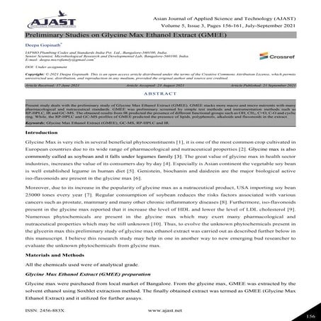 Preliminary Studies on Glycine Max Ethanol Extract (GMEE) 