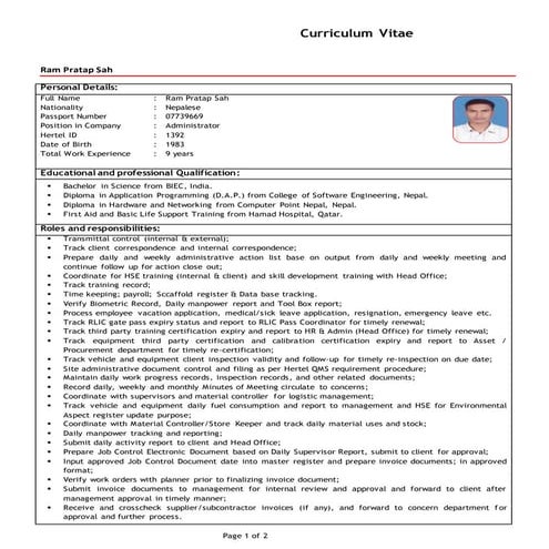 CV for Ram Sah - Administrator