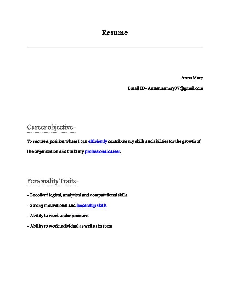 resume character traits