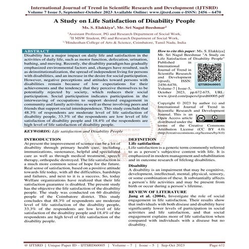 A Study on Life Satisfaction of Disability People
