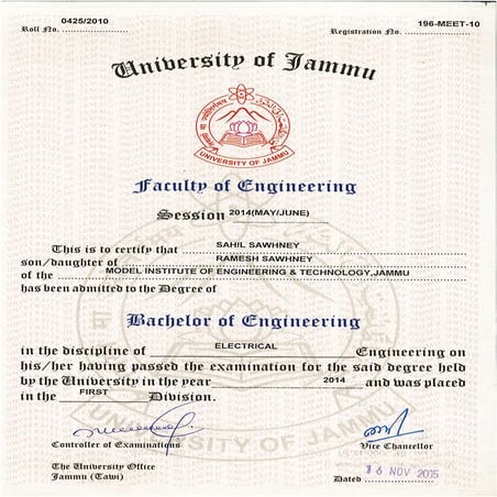 Degree certificate .front & back