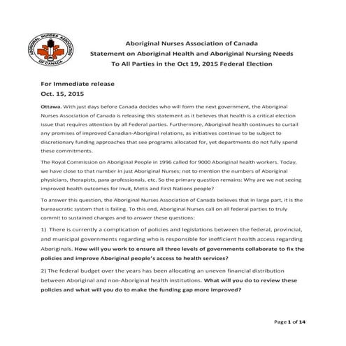 ANAC Election 2015 Statement to Federal Parties.Oct 15_15