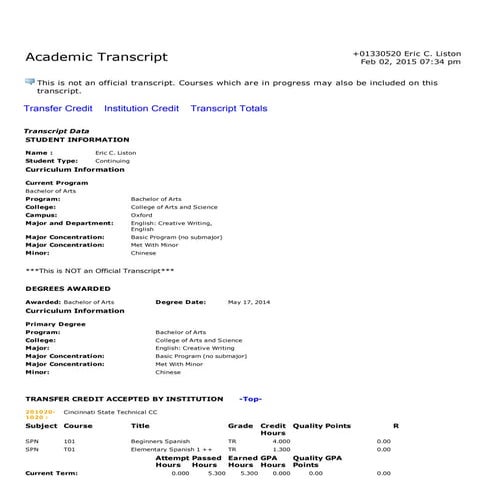 Unofficial Academic Transcript