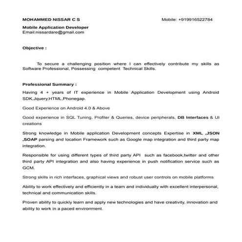 Mohammed Nissar C S(Mobile Application Developer)