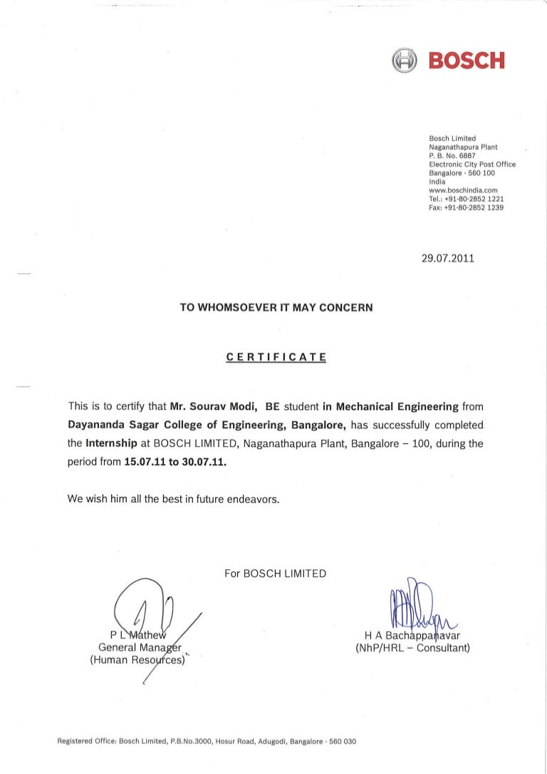 BOSCH INTERNSHIP CERTIFICATE