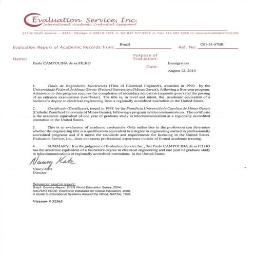 Paulo Campolina de Sa Filho - Electrical Engineering Course - Evaluation