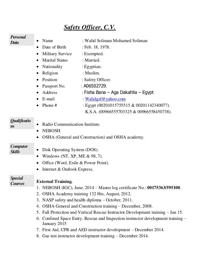 safety officer resume sample