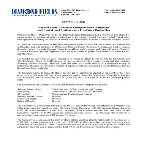 20161211 Marie Pierre Bertrand Boulle appointed Director of  Diamond Fields I...