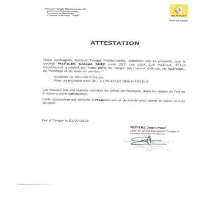 Attestation Renault SSI