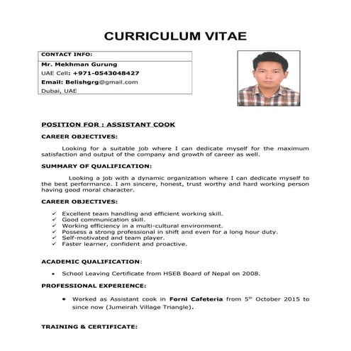mekhman gurung cook assistant | PDF