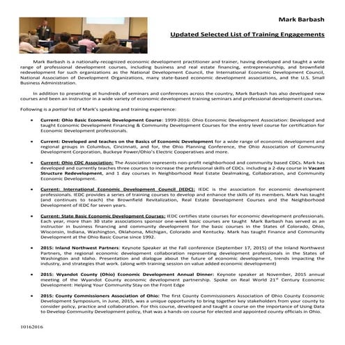 Mark Barbash Speaking and Training CV 2016 Revised