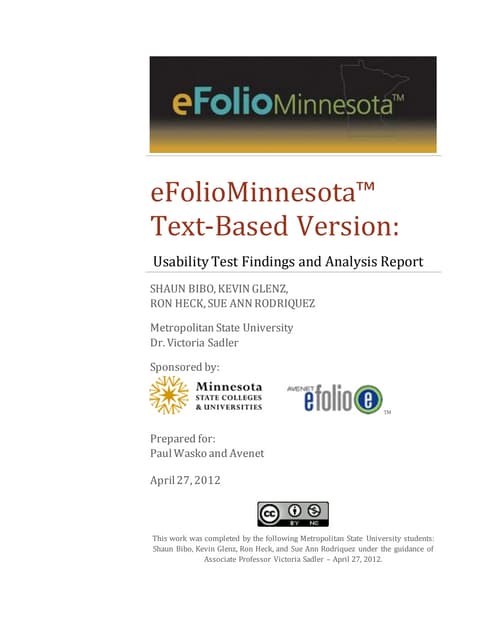 eFolioMinnesota Text-Based Usability Test Findings and Analysis Report