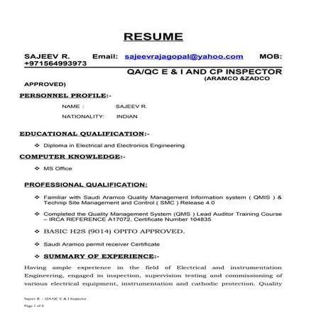 LATEST UPDATED CV OF MR SAJEEV R