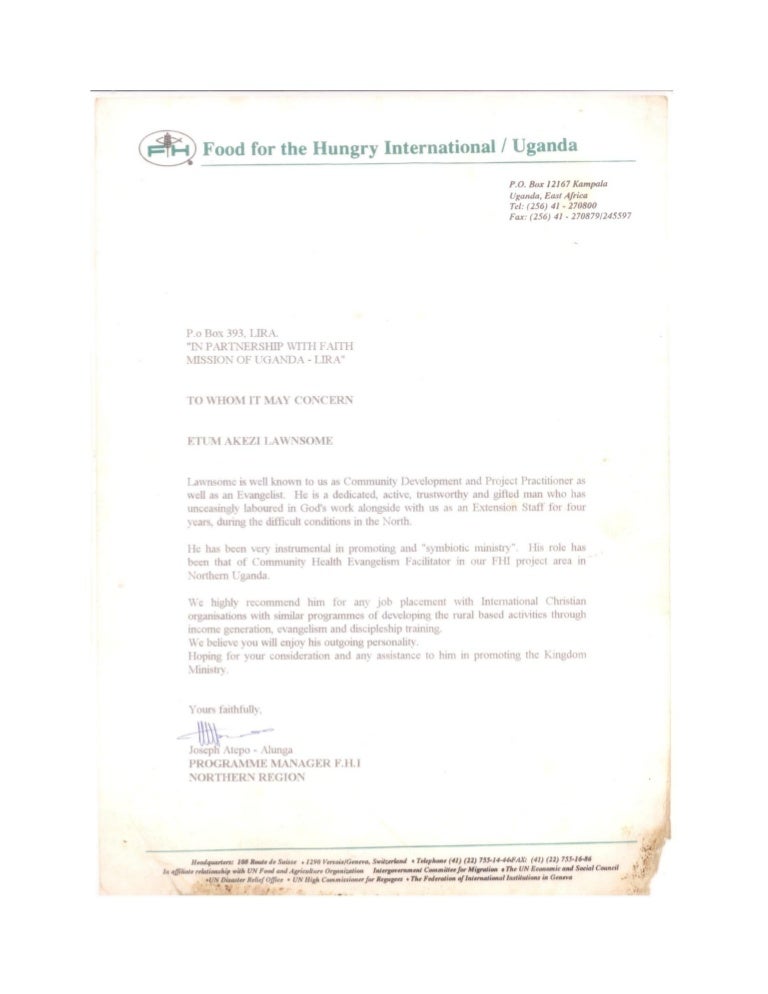 Letter of by Food for the Hungry International