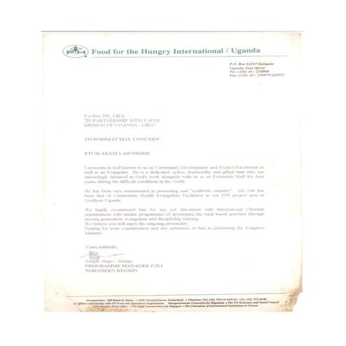 Letter of Recommendation by Food for the Hungry International