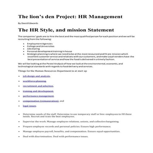 The lion’s den Project HR Management