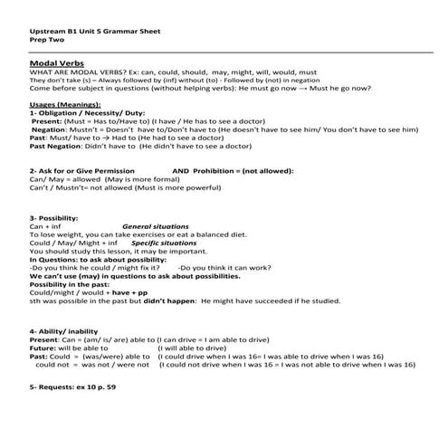 Upstream B1 Unit 5 Grammar Sheet