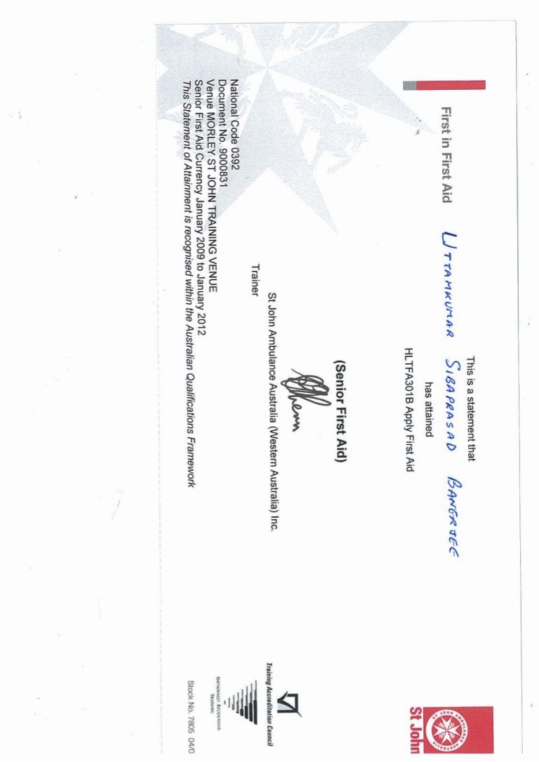 St . John First Aid certificate