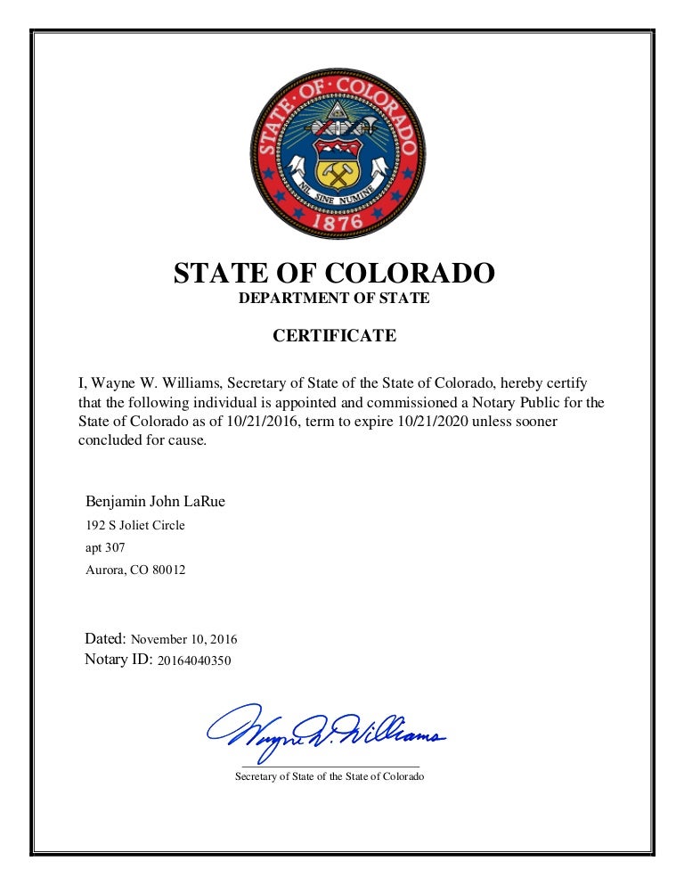 Certificate from Secretary of State