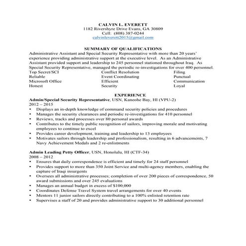 CALVIN civilian resume