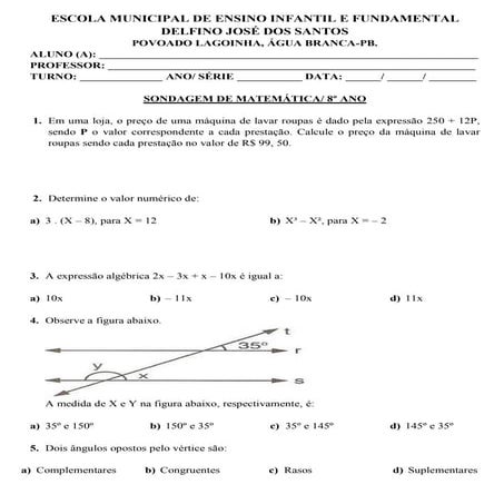 SONDAGEM DE MATEMÁTICA/ 8º ano