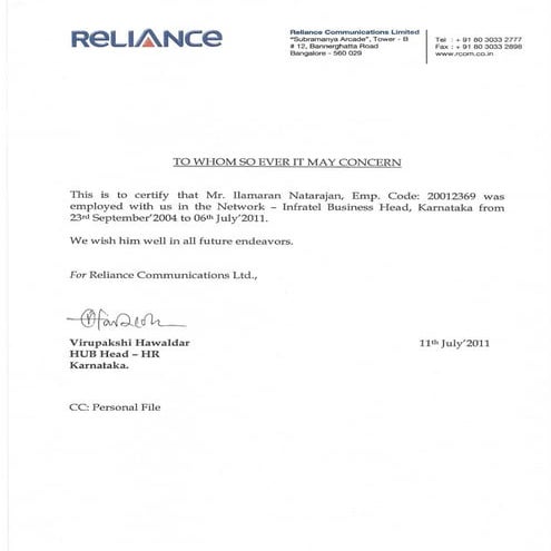 Reliance -Work Experience