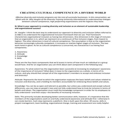 CREATING CULTURAL COMPETENCE IN A DIVERSE WORLD