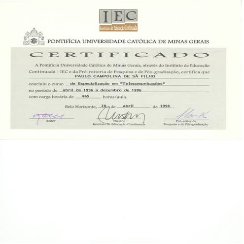 Paulo Campolina de Sa Filho - Certificate Especialization Course - Telecom front 1#2