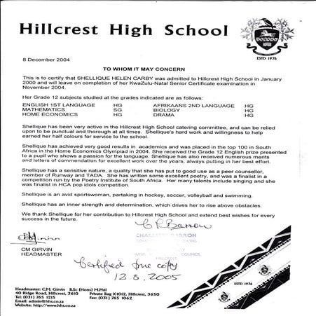 Referral letter from Hillcrest High