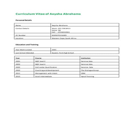Aeysha Abrahams CV 2016